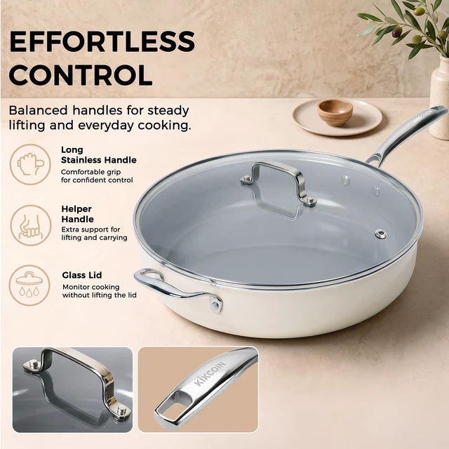Alt view image 5 of 7 - 14 INCH Ceramic Nonstick Deep Frying Pan with Lid, 6 QT Family Size | PFAS Free Non Toxic Saute Pan; Induction Ready; with Tempered Glass Lid, Stay Cool Handle; Dishwasher & Oven Safe to 536°F
