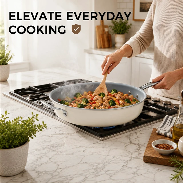 Alt view image 7 of 7 - 14 INCH Ceramic Nonstick Deep Frying Pan with Lid, 6 QT Family Size | PFAS Free Non Toxic Saute Pan; Induction Ready; with Tempered Glass Lid, Stay Cool Handle; Dishwasher & Oven Safe to 536°F