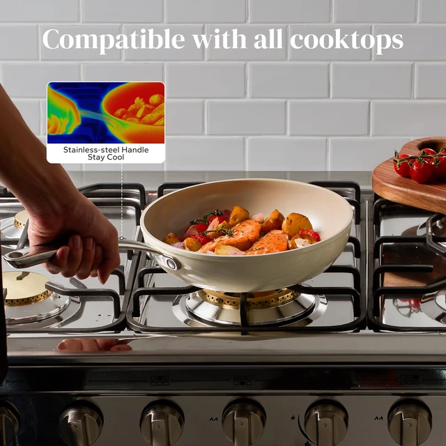 Alt view image 4 of 7 - Ceramic Non Stick Frying Pans Set Nonstick Skillets 8/9.5/11 Inch | 4-Piece Ceramic Cookware Set with Lid PFAS-free Non Toxic Saute Pan, Chef-Grade Cooking Pan Oven Safe Skillet Induction-Ready