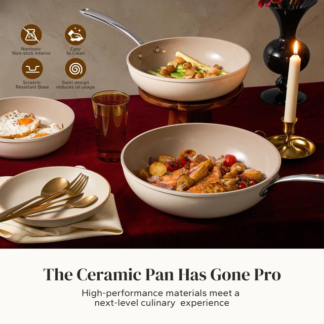 Alt view image 5 of 7 - Ceramic Non Stick Frying Pans Set Nonstick Skillets 8/9.5/11 Inch | 4-Piece Ceramic Cookware Set with Lid PFAS-free Non Toxic Saute Pan, Chef-Grade Cooking Pan Oven Safe Skillet Induction-Ready