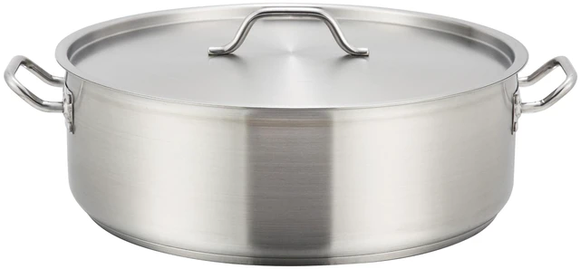 Main image of Winco 15 qt Stainless Steel Brazier Pan with Lid | Flat bottom, Wide base, Riveted handles, Induction safe, Great for Braising, Simmering, Batch Cooking and Restaurant Kitchens