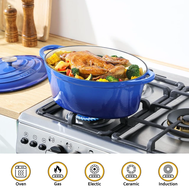 Alt view image 6 of 7 - 7.5 QT Oval Enameled Cast Iron Dutch Oven Pot with Lid,Blue | Whole Chicken Friendly,for Cooking,Frying, Stewing,Bread Baking,and Roasting,Oven Safe,Dual Handles,Non-Stick Coating