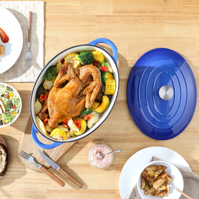 Alt view image 7 of 7 - 7.5 QT Oval Enameled Cast Iron Dutch Oven Pot with Lid,Blue | Whole Chicken Friendly,for Cooking,Frying, Stewing,Bread Baking,and Roasting,Oven Safe,Dual Handles,Non-Stick Coating