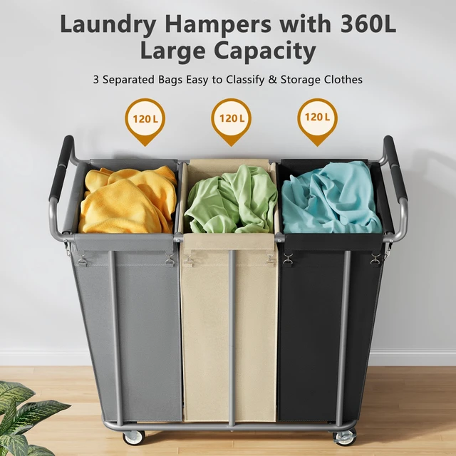 Alt view image 3 of 7 - 3 Section Rolling Laundry Sorter Cart with Wheels, 360L | Commercial Laundry Cart Industrial, Large Laundry Basket Rolling Laundry Hamper with Handle for Bathroom, Bedroom, Hotel