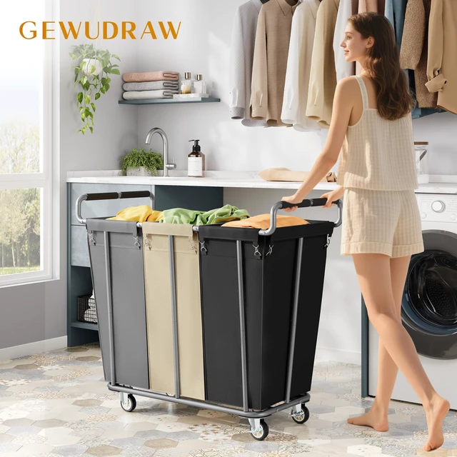 Alt view image 2 of 7 - 3 Section Rolling Laundry Sorter Cart with Wheels, 360L | Commercial Laundry Cart Industrial, Large Laundry Basket Rolling Laundry Hamper with Handle for Bathroom, Bedroom, Hotel