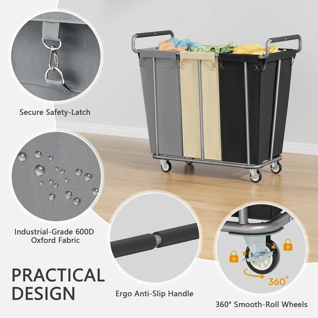 Alt view image 5 of 7 - 3 Section Rolling Laundry Sorter Cart with Wheels, 360L | Commercial Laundry Cart Industrial, Large Laundry Basket Rolling Laundry Hamper with Handle for Bathroom, Bedroom, Hotel