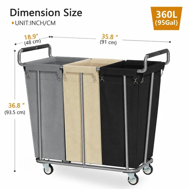 Alt view image 7 of 7 - 3 Section Rolling Laundry Sorter Cart with Wheels, 360L | Commercial Laundry Cart Industrial, Large Laundry Basket Rolling Laundry Hamper with Handle for Bathroom, Bedroom, Hotel