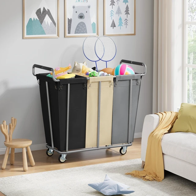 Alt view image 6 of 7 - 3 Section Rolling Laundry Sorter Cart with Wheels, 360L | Commercial Laundry Cart Industrial, Large Laundry Basket Rolling Laundry Hamper with Handle for Bathroom, Bedroom, Hotel