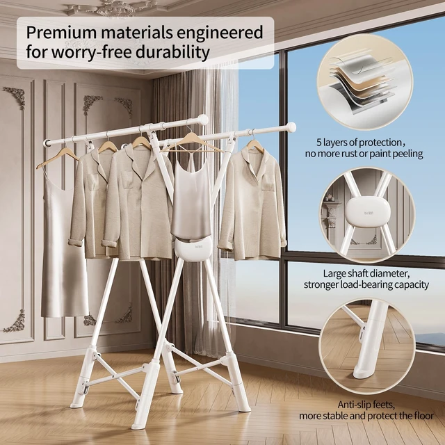 Alt view image 5 of 7 - Clothes Drying Rack Heavy Duty Clothing Racks Foldable Laundry Rack Two Drying Modes Garment Racks for Drying Clothes, Adjustable Length from 32-55 Inches for Indoor Outdoor Use