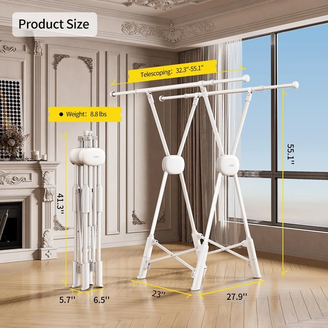 Alt view image 6 of 7 - Clothes Drying Rack Heavy Duty Clothing Racks Foldable Laundry Rack Two Drying Modes Garment Racks for Drying Clothes, Adjustable Length from 32-55 Inches for Indoor Outdoor Use