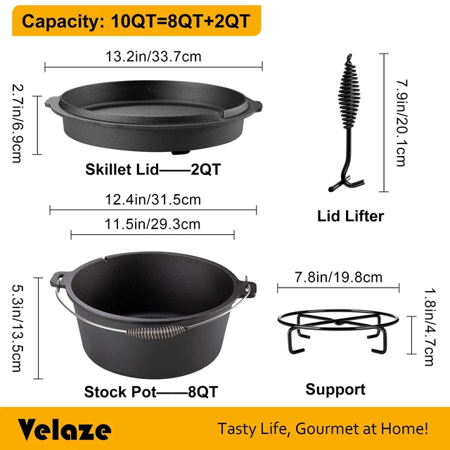 Alt view image 2 of 7 - 10 QT Pre-Seasoned Cast Iron Camping Dutch Oven Pot with Lid | Comes with Metal Handles, Lid Lifter,Stand Support,Use in Oven, on Stove,Grill,or Over Campfire,Capacity for 4-8 People