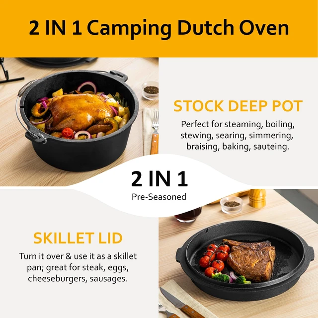 Alt view image 3 of 7 - 10 QT Pre-Seasoned Cast Iron Camping Dutch Oven Pot with Lid | Comes with Metal Handles, Lid Lifter,Stand Support,Use in Oven, on Stove,Grill,or Over Campfire,Capacity for 4-8 People