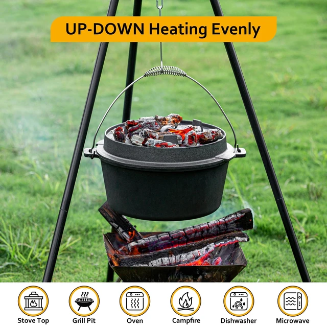 Alt view image 4 of 7 - 10 QT Pre-Seasoned Cast Iron Camping Dutch Oven Pot with Lid | Comes with Metal Handles, Lid Lifter,Stand Support,Use in Oven, on Stove,Grill,or Over Campfire,Capacity for 4-8 People