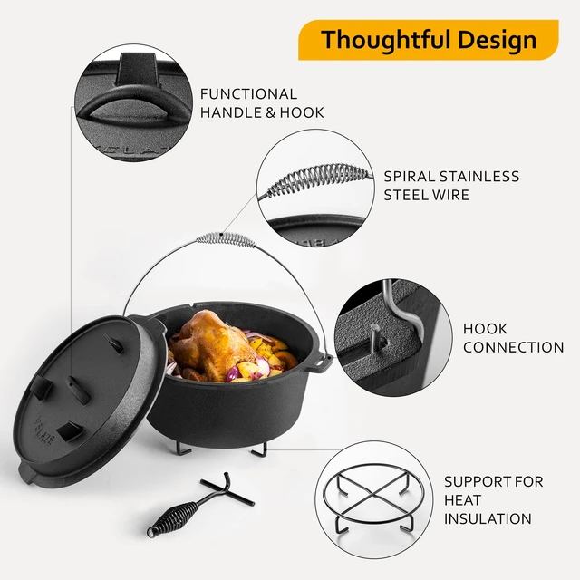 Alt view image 5 of 7 - 10 QT Pre-Seasoned Cast Iron Camping Dutch Oven Pot with Lid | Comes with Metal Handles, Lid Lifter,Stand Support,Use in Oven, on Stove,Grill,or Over Campfire,Capacity for 4-8 People