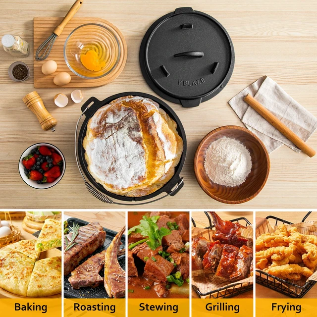 Alt view image 6 of 7 - 10 QT Pre-Seasoned Cast Iron Camping Dutch Oven Pot with Lid | Comes with Metal Handles, Lid Lifter,Stand Support,Use in Oven, on Stove,Grill,or Over Campfire,Capacity for 4-8 People