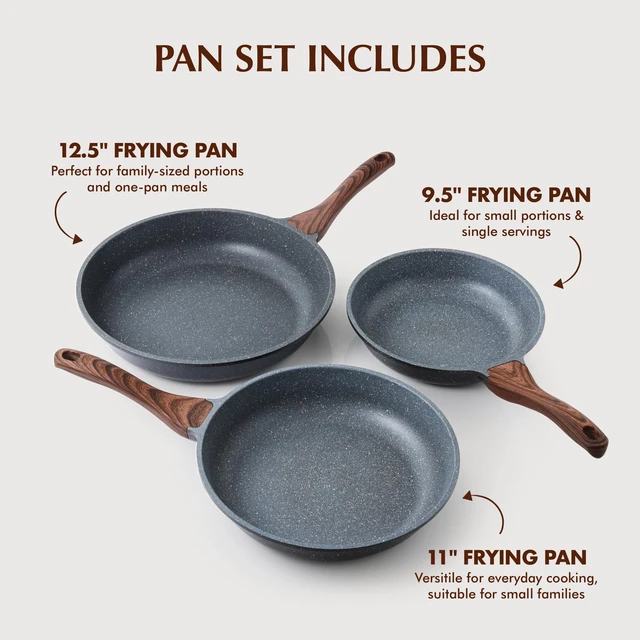 Alt view image 4 of 7 - Nonstick Frying Pans, Grey(9.5+11+12.5 Inch) | Swiss Granite Coating, Free of PFOA&PFOS, Compatible with All Stoves Including Induction Cooktops, Easy to Clean