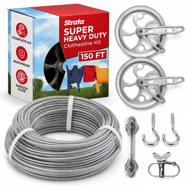 Main image of Super Heavy-Duty Clothesline Kit, 150ft Steel Cable | Rustproof PVC-Coated Steel Line, 2 Ball-Bearing Pulleys, Spacer, Winch & Hooks, Premium Metallic