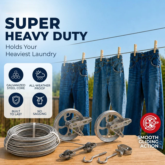 Alt view image 3 of 7 - Super Heavy-Duty Clothesline Kit, 150ft Steel Cable | Rustproof PVC-Coated Steel Line, 2 Ball-Bearing Pulleys, Spacer, Winch & Hooks, Premium Metallic