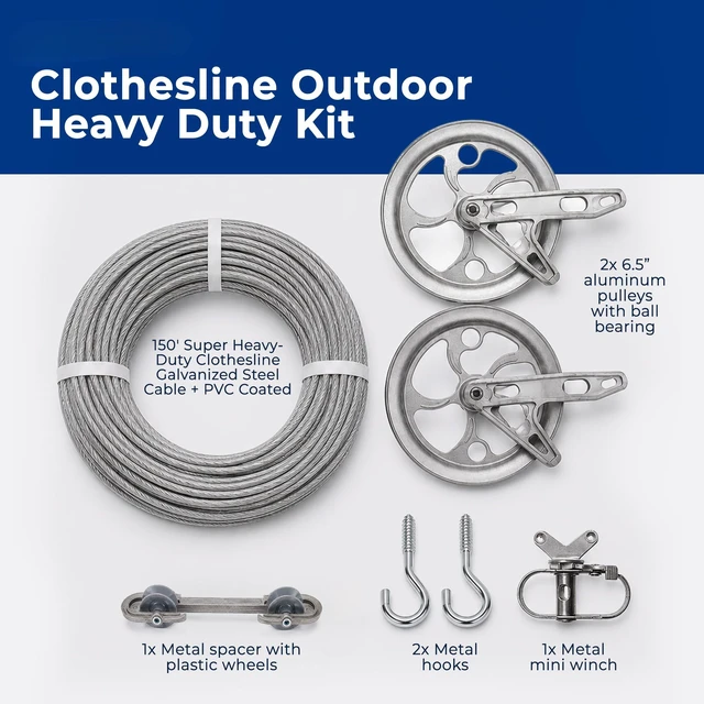 Alt view image 4 of 7 - Super Heavy-Duty Clothesline Kit, 150ft Steel Cable | Rustproof PVC-Coated Steel Line, 2 Ball-Bearing Pulleys, Spacer, Winch & Hooks, Premium Metallic