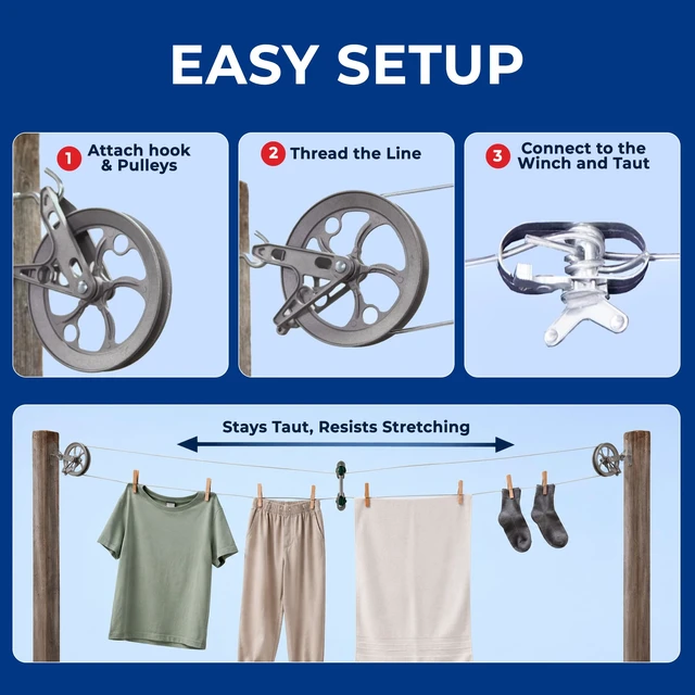 Alt view image 5 of 7 - Super Heavy-Duty Clothesline Kit, 150ft Steel Cable | Rustproof PVC-Coated Steel Line, 2 Ball-Bearing Pulleys, Spacer, Winch & Hooks, Premium Metallic