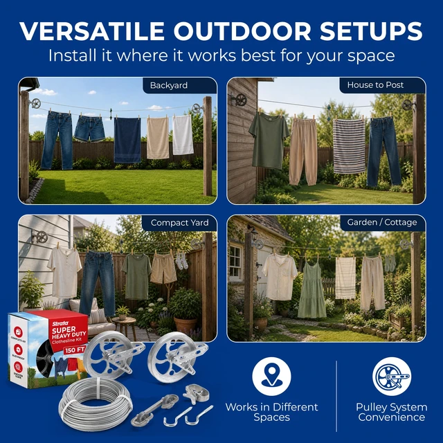 Alt view image 6 of 7 - Super Heavy-Duty Clothesline Kit, 150ft Steel Cable | Rustproof PVC-Coated Steel Line, 2 Ball-Bearing Pulleys, Spacer, Winch & Hooks, Premium Metallic