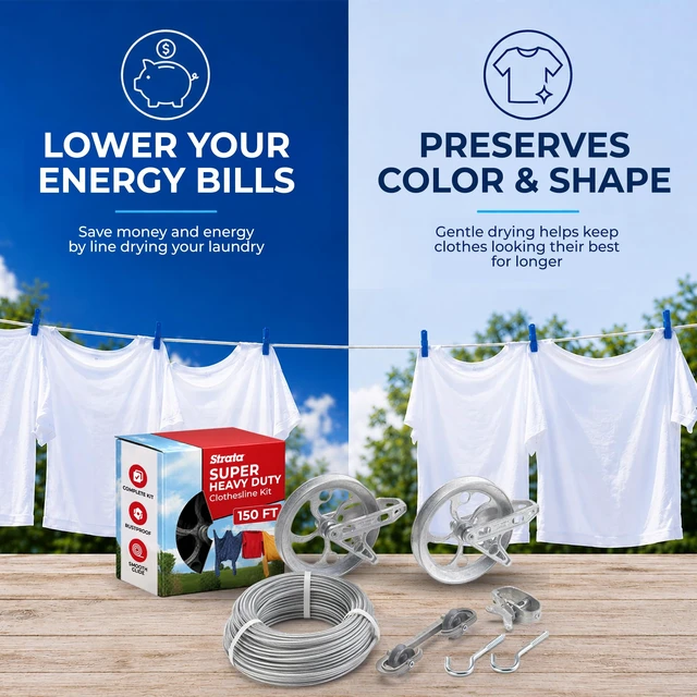Alt view image 7 of 7 - Super Heavy-Duty Clothesline Kit, 150ft Steel Cable | Rustproof PVC-Coated Steel Line, 2 Ball-Bearing Pulleys, Spacer, Winch & Hooks, Premium Metallic