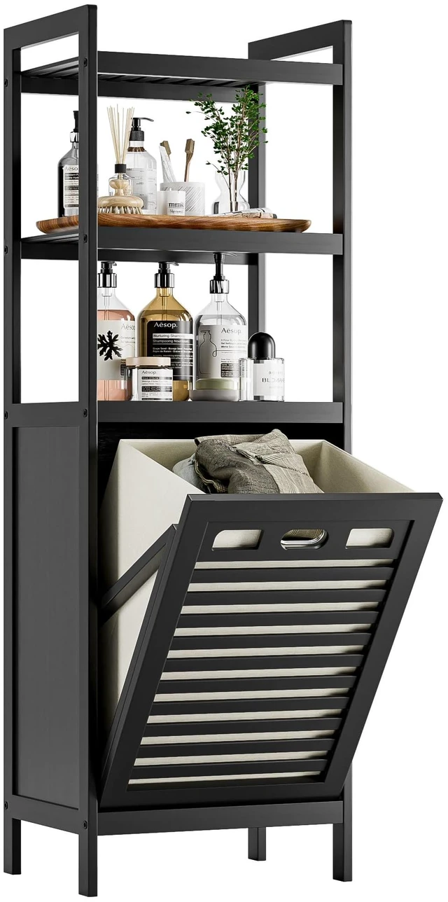 Main image of Tilt Out Laundry Hamper, Bamboo Bathroom Cabinet with Pull Out Removable Bag and 3 Tier Storage Shelves, 10 Gal Clothes Basket with Metal Handle, Black
