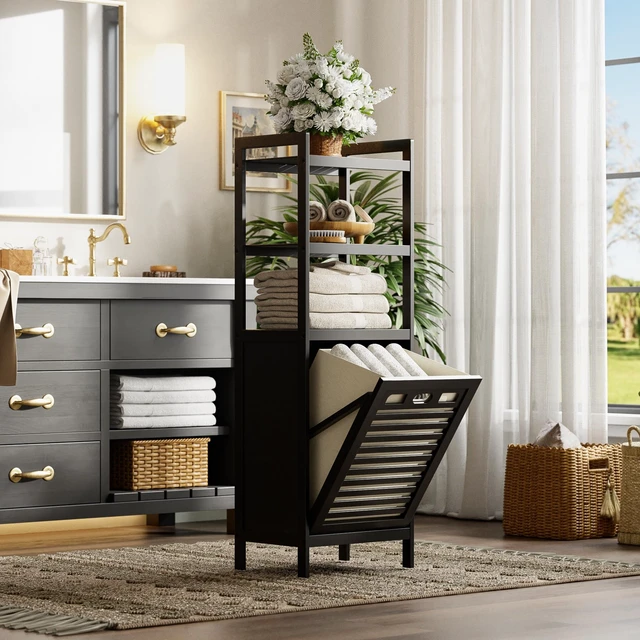 Alt view image 2 of 7 - Tilt Out Laundry Hamper, Bamboo Bathroom Cabinet with Pull Out Removable Bag and 3 Tier Storage Shelves, 10 Gal Clothes Basket with Metal Handle, Black