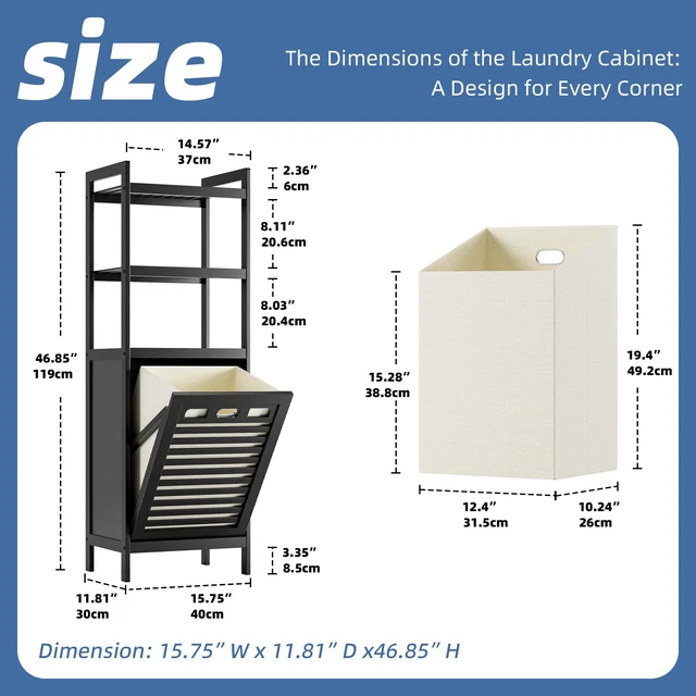 Alt view image 3 of 7 - Tilt Out Laundry Hamper, Bamboo Bathroom Cabinet with Pull Out Removable Bag and 3 Tier Storage Shelves, 10 Gal Clothes Basket with Metal Handle, Black