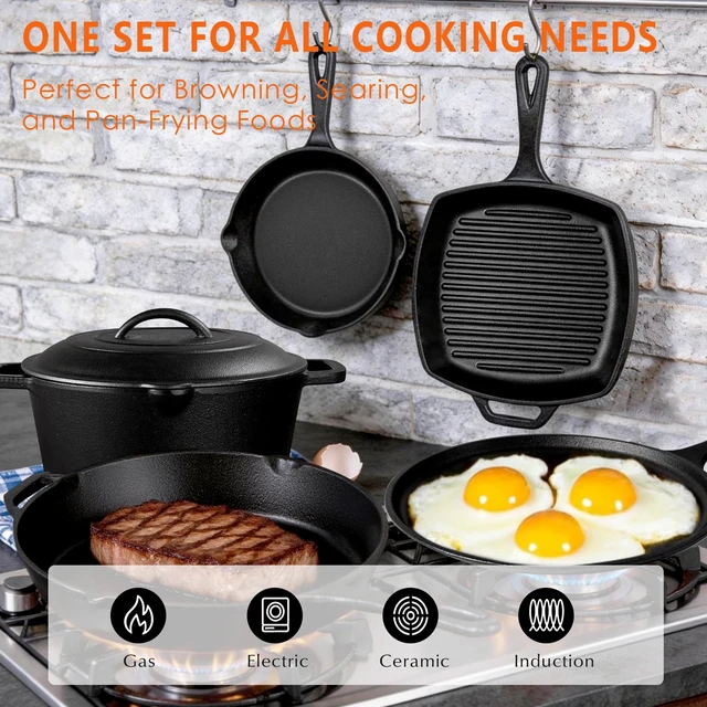 Alt view image 2 of 7 - Cast Iron Set 6 Piece, PFAS-Free, Pre-Seasoned Pots and Pans Set | Incl. 8''/10.25'' Cast Iron Skillets, 5QT Dutch Oven w/ Lid, Round Griddle & Square Grill Pan for Kitchen, Stovetop & Camping