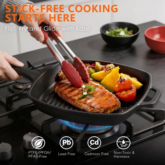 Alt view image 3 of 7 - Cast Iron Set 6 Piece, PFAS-Free, Pre-Seasoned Pots and Pans Set | Incl. 8''/10.25'' Cast Iron Skillets, 5QT Dutch Oven w/ Lid, Round Griddle & Square Grill Pan for Kitchen, Stovetop & Camping