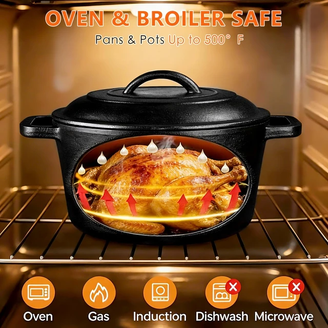 Alt view image 4 of 7 - Cast Iron Set 6 Piece, PFAS-Free, Pre-Seasoned Pots and Pans Set | Incl. 8''/10.25'' Cast Iron Skillets, 5QT Dutch Oven w/ Lid, Round Griddle & Square Grill Pan for Kitchen, Stovetop & Camping