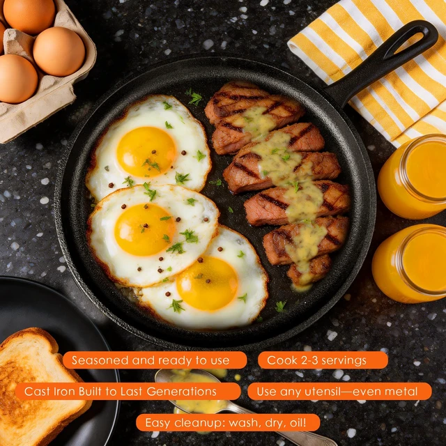 Alt view image 5 of 7 - Cast Iron Set 6 Piece, PFAS-Free, Pre-Seasoned Pots and Pans Set | Incl. 8''/10.25'' Cast Iron Skillets, 5QT Dutch Oven w/ Lid, Round Griddle & Square Grill Pan for Kitchen, Stovetop & Camping