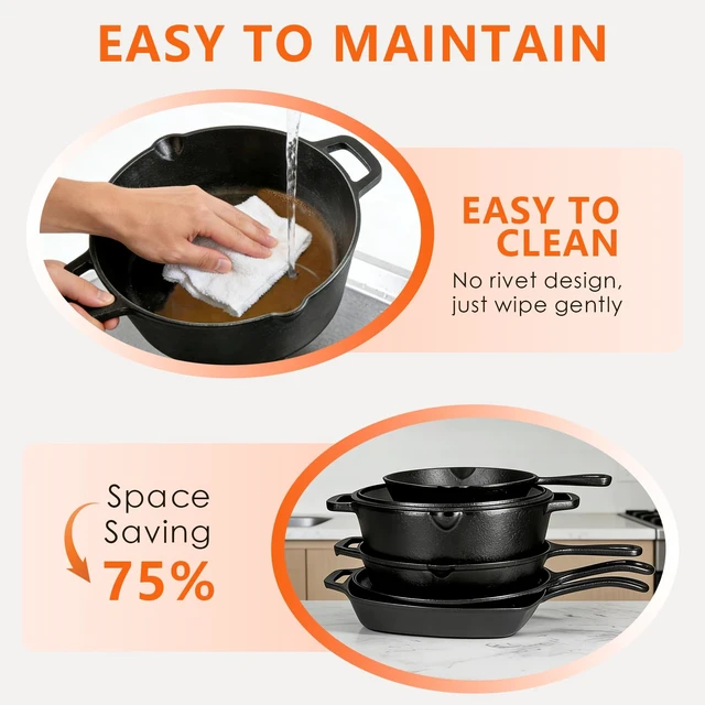 Alt view image 7 of 7 - Cast Iron Set 6 Piece, PFAS-Free, Pre-Seasoned Pots and Pans Set | Incl. 8''/10.25'' Cast Iron Skillets, 5QT Dutch Oven w/ Lid, Round Griddle & Square Grill Pan for Kitchen, Stovetop & Camping