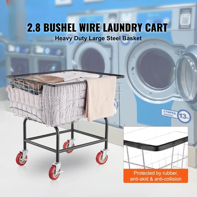 Alt view image 2 of 7 - Wire Laundry Cart 2.8 Bushel Wire Laundry Basket with Wheels | Commercial Basket Cart, Steel Frame with Chrome Finish, 4" CastersGalvanization-Plated Steel, Easy Assemble 26" x 21" x26"