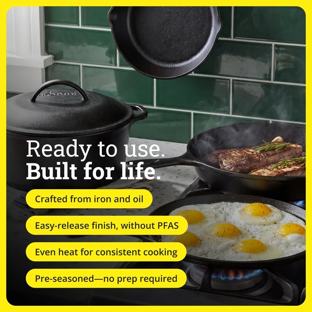 Alt view image 3 of 7 - Cast Iron 5-Piece Set, PFAS-Free Pre-Seasoned Kitchen Set | PFAS-Free Cast Iron Set Includes Skillets, Griddle & Dutch Oven for Non-Toxic Everyday Cooking, Made in USA