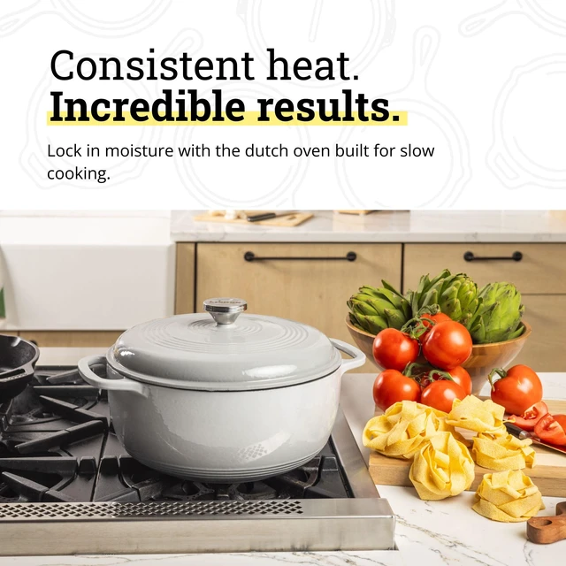 Alt view image 3 of 5 - Essential Enamel Cast Iron Dutch Oven, 6 Quart, Oyster White | Ideal for Bread Baking, Braising, Marinating & Slow Cooking, Features Moisture-Sealing Lid & Dual Handles