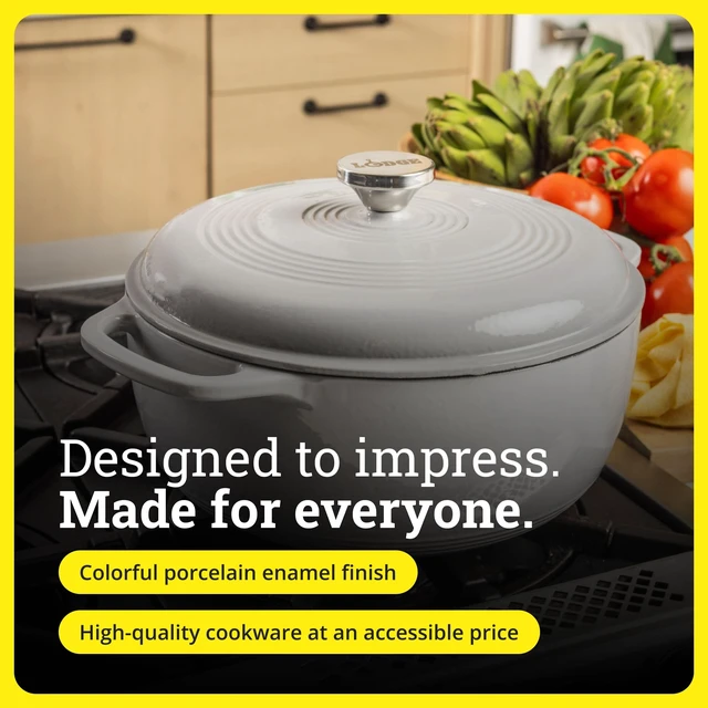 Alt view image 5 of 5 - Essential Enamel Cast Iron Dutch Oven, 6 Quart, Oyster White | Ideal for Bread Baking, Braising, Marinating & Slow Cooking, Features Moisture-Sealing Lid & Dual Handles
