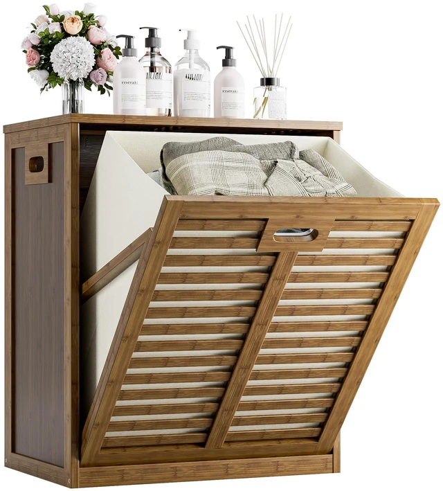 Main image of Bamboo Tilt Out Laundry Hamper, Bathroom Storage Cabinet with Hidden Removable Basket and 3 Sides Cutout Handles, Freestanding Hamper Organizer for Dirty Clothes, Walnut