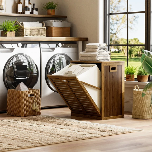 Alt view image 2 of 7 - Bamboo Tilt Out Laundry Hamper, Bathroom Storage Cabinet with Hidden Removable Basket and 3 Sides Cutout Handles, Freestanding Hamper Organizer for Dirty Clothes, Walnut
