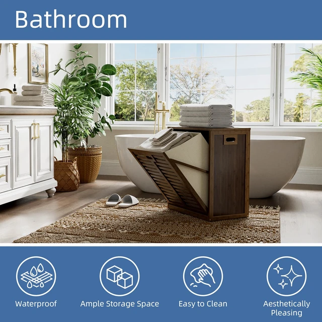 Alt view image 5 of 7 - Bamboo Tilt Out Laundry Hamper, Bathroom Storage Cabinet with Hidden Removable Basket and 3 Sides Cutout Handles, Freestanding Hamper Organizer for Dirty Clothes, Walnut