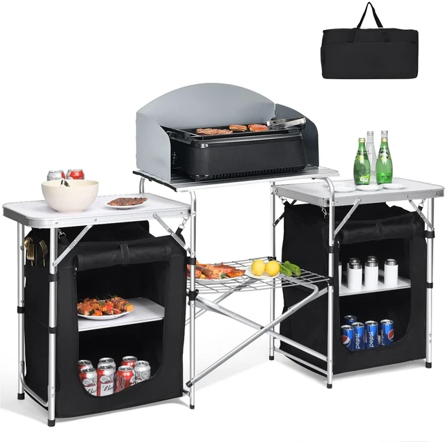 Main image of Camping Kitchen Station, Folding Grill Table with 26'' Tabletop, 2 Side Tables, Storage Organizer, Detachable Windscreen, Portable Camp Cook Outdoor Prep Station Backyard BBQ Picnic (Black)