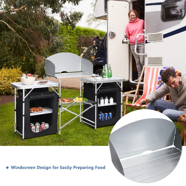 Alt view image 2 of 7 - Camping Kitchen Station, Folding Grill Table with 26'' Tabletop, 2 Side Tables, Storage Organizer, Detachable Windscreen, Portable Camp Cook Outdoor Prep Station Backyard BBQ Picnic (Black)
