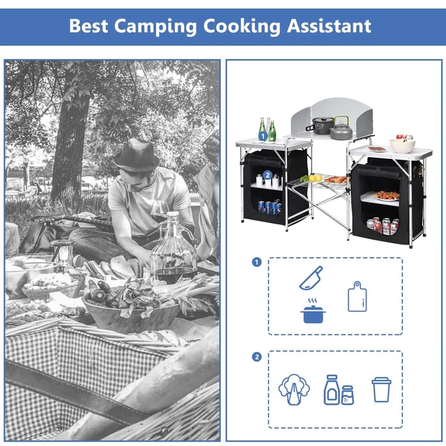 Alt view image 3 of 7 - Camping Kitchen Station, Folding Grill Table with 26'' Tabletop, 2 Side Tables, Storage Organizer, Detachable Windscreen, Portable Camp Cook Outdoor Prep Station Backyard BBQ Picnic (Black)