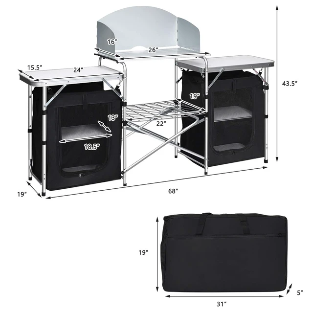 Alt view image 6 of 7 - Camping Kitchen Station, Folding Grill Table with 26'' Tabletop, 2 Side Tables, Storage Organizer, Detachable Windscreen, Portable Camp Cook Outdoor Prep Station Backyard BBQ Picnic (Black)