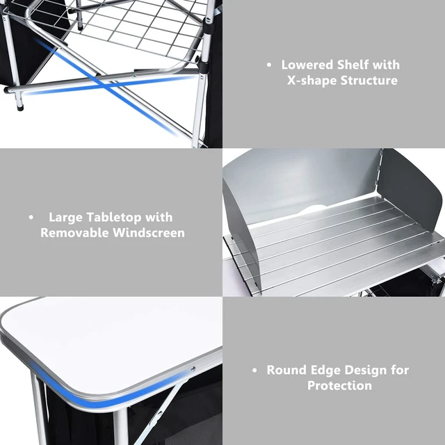 Alt view image 7 of 7 - Camping Kitchen Station, Folding Grill Table with 26'' Tabletop, 2 Side Tables, Storage Organizer, Detachable Windscreen, Portable Camp Cook Outdoor Prep Station Backyard BBQ Picnic (Black)
