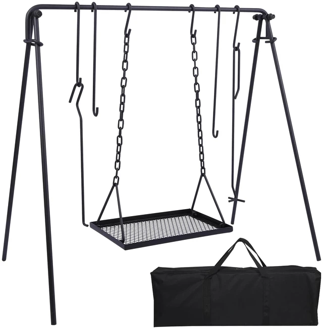 Main image of Swing Campfire Grill Stand - Collapsible Campfire Cooking Rack with 6 Hooks & Iron Grill Grate, Portable Dutch Oven Hanger for Outdoor Camping, Cookware, Bonfire, Rectangle