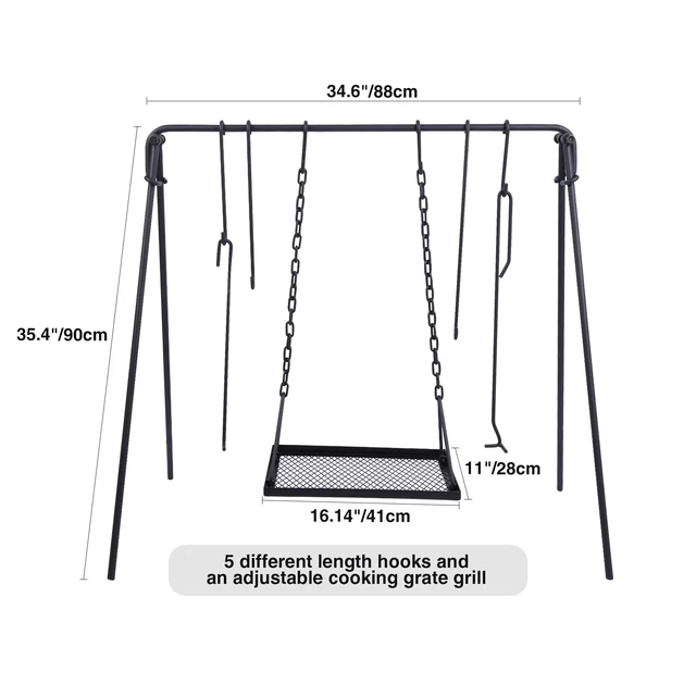 Alt view image 2 of 7 - Swing Campfire Grill Stand - Collapsible Campfire Cooking Rack with 6 Hooks & Iron Grill Grate, Portable Dutch Oven Hanger for Outdoor Camping, Cookware, Bonfire, Rectangle