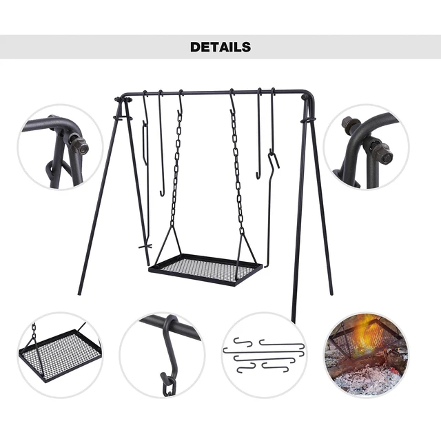 Alt view image 3 of 7 - Swing Campfire Grill Stand - Collapsible Campfire Cooking Rack with 6 Hooks & Iron Grill Grate, Portable Dutch Oven Hanger for Outdoor Camping, Cookware, Bonfire, Rectangle
