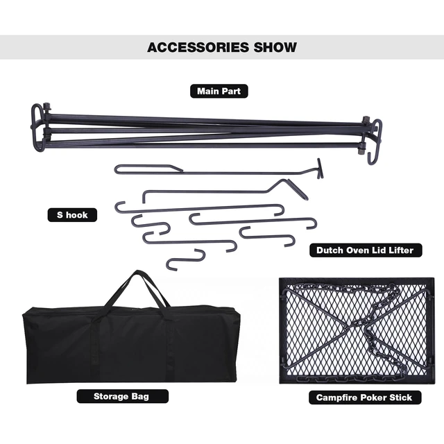 Alt view image 4 of 7 - Swing Campfire Grill Stand - Collapsible Campfire Cooking Rack with 6 Hooks & Iron Grill Grate, Portable Dutch Oven Hanger for Outdoor Camping, Cookware, Bonfire, Rectangle